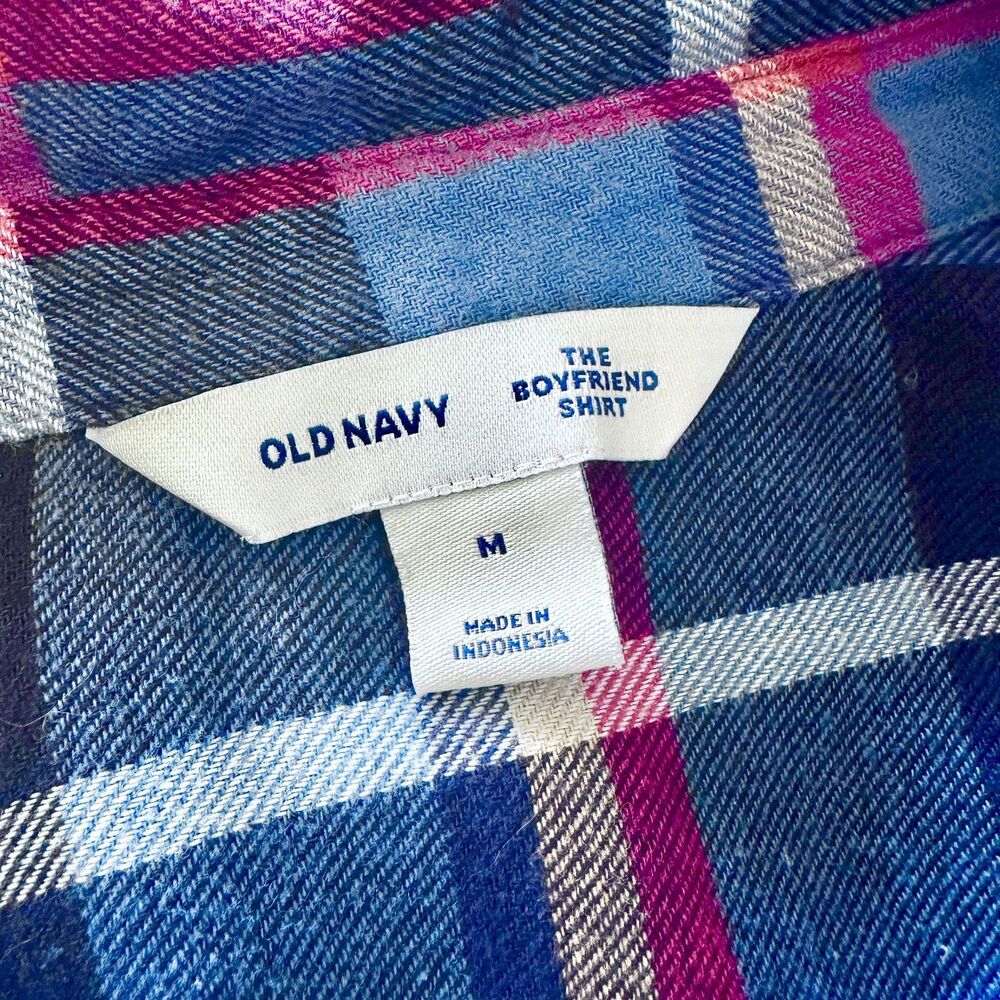 Old Navy Top Women M Navy Blue Pink Boyfriend Shirt Plaid Flannel Boho Cottage - Picture 3 of 8